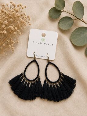 Clover Black Tassel Drop Earrings